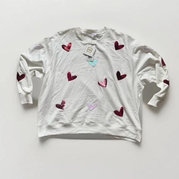 Mary Square XL Sequin Heart Sweatshirt Cream Valentine NWT Oversized - Picture 1 of 5